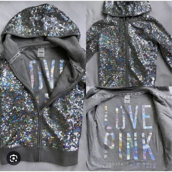 PINK Victoria's Secret  rainbow bling sequin fashion show Zip Hoodie nwt sz M - Picture 3 of 10